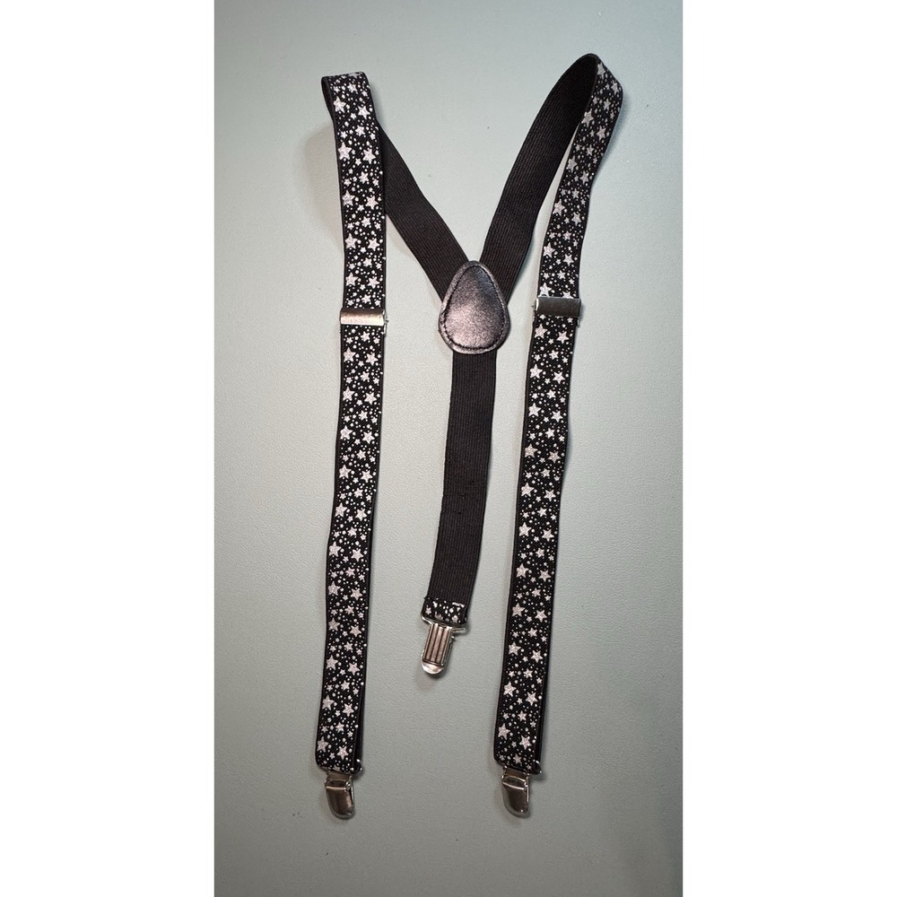 Unisex Black Suspenders with Silver Glitter Stars Silver Clip Clasps Adjustable